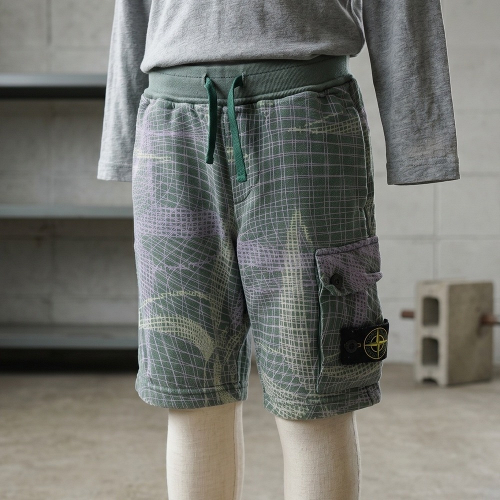 Stone Island Junior Shorts Kids 4 Green Grid Pattern Cargo‎ Patch Streetwear